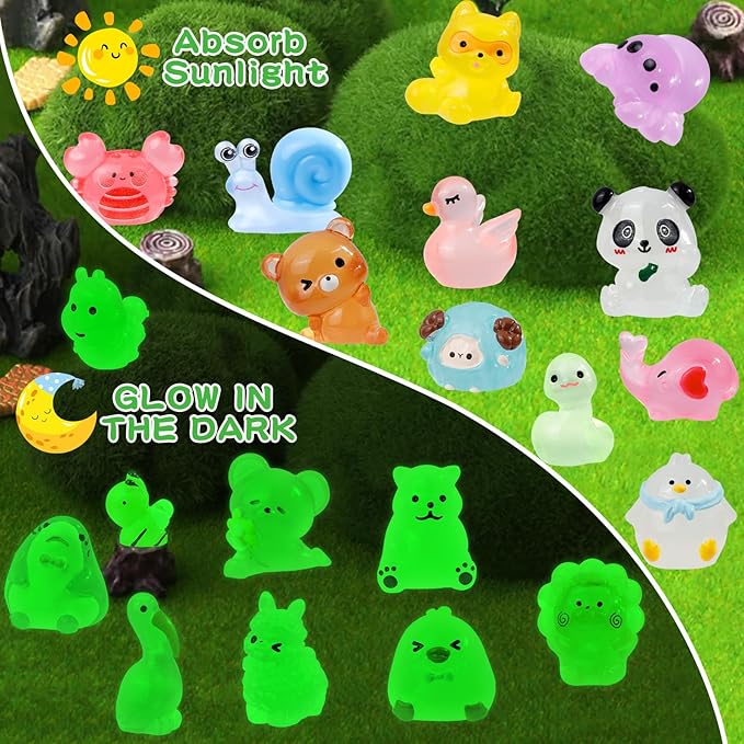 80 Pcs Luminous Mini Resin Animals 80 Styles Tiny Little Glow in the Dark Animal Figures to Hide Miniature Ducks Figurines for Party Favors DIY Fairy Garden Dollhouse Micro Landscape Aquarium Decor