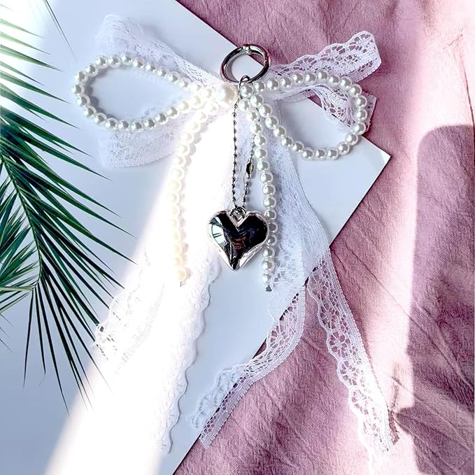 Pearl Bow Keychain Cute Y2k Lace Bowknot Keychain Coquette Aesthetic Accessories Bag Purse Handbag Backpack Charm