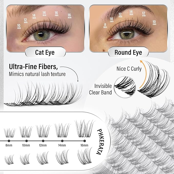 PHKERATA Velure Lash Clusters Natural Cluster Eyelash Extensions Wispy Individual Lashes Clusters DIY Ultra-Light Lash Extensions Soft C Curly Eye Lashes with Invisible Thin Band, 8-16mm, 120Pcs