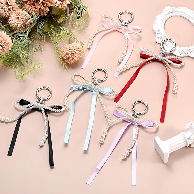 MECCANIXITY Pearl Bow Keychain, Y2k Aesthetic Imitation Pearl Bowknot Ribbon Keyring for Tote Bags Purse Handbag Charm