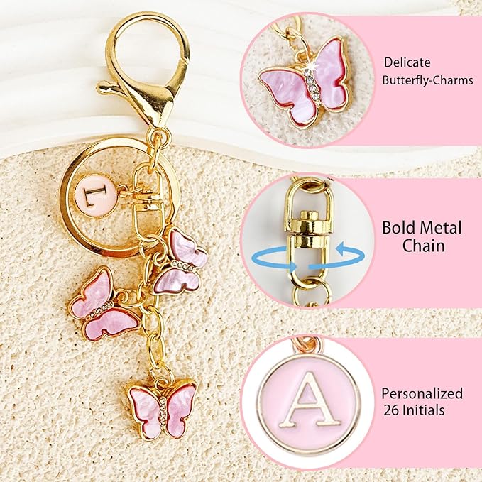 Bag Charms for Handbags- Cute Keychains for Women Car Keys Chain Accessories Beautiful Butterfly Letter Initial Charm
