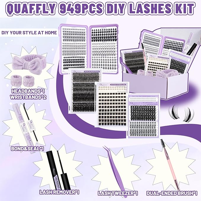 QUAFFLY Lash Clusters Kit 949pcs Natural Cluster Lashes With Bottom Lash Manga Lashes with Lash Bond and Seal Remover Dual-Ended Brush Headband Wristband Tweezer Lash Extension Kit for Beginner