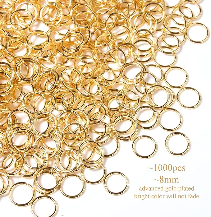 1000 Pcs 8mm Open Jump Rings Gold Plated Jump Rings for Jewelry Making Single Ring Bulk for DIY Craft Earring Necklace Bracelet Pendant Choker Jewelry Making Findings and Key Ring Chain (Gold, 8mm)