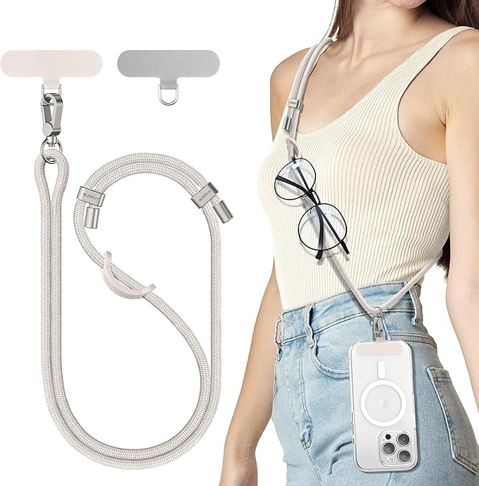 SURPHY Phone Lanyard, Adjustable Phone Strap Crossbody with 2 Pack Cell Phone Tether Tab, Premium Metal Buckles, Skin-Friendly, Universal Cell Phone Lanyard Crossbody for Women and Men, Stone
