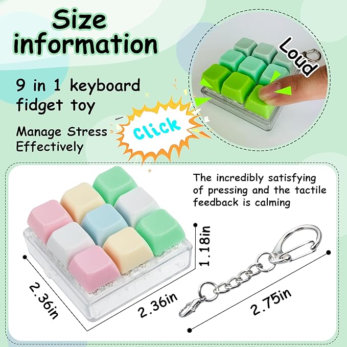 2 Pack 9 in 1 Keyboard Fidget Toy, Keyboard Fidget Keychain Anti-Stress Keyboard Decompression Button Finger Clicker Toys Stress Relief Fidget Gifts (Mix Green)