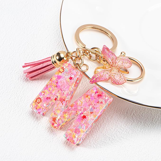 Initial letter Keychains for Women Girls Tassel Butterfly Cute Keychain for Wallet Backpack charm
