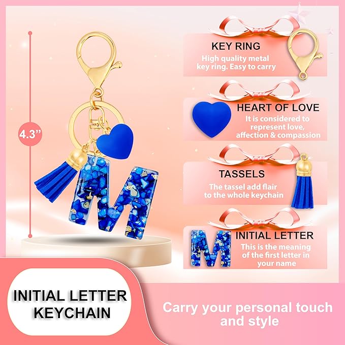 Initial Keychains for Women with Cute Heart Resin - Alphabet Letter Keychain for Bag, Backpacks, Purse or Car key