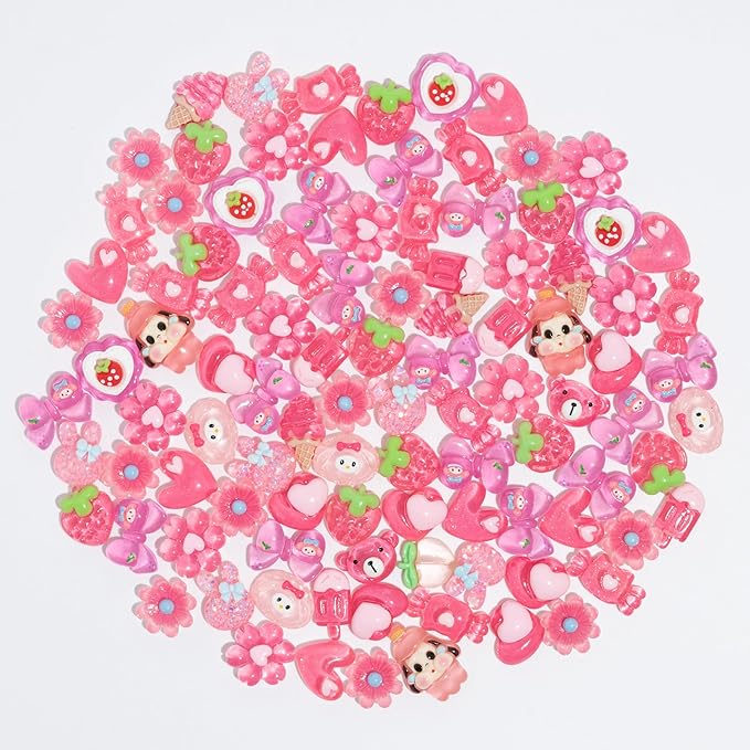 Charms 100PCS Mixed Kawaii Flatback Resin Charms for Crafts, Cabochon for DIY Projects, Slime Charm, Resin Art, Scrapbooking, Phone Case & Accessories (Pink)