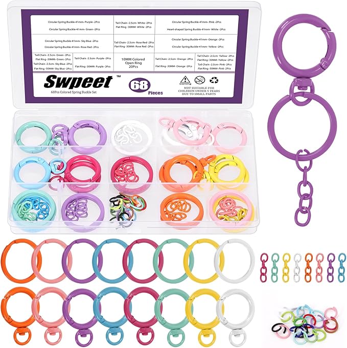 Swpeet Key Ring Carabiner 68Pcs 8Colors O-Shaped Swivel Lobster Claw Clasps with Key Rings, Open Jump Rings and Key Chains Assortment Kit, Metal Swivel Spring Clasps for DIY Craft Making