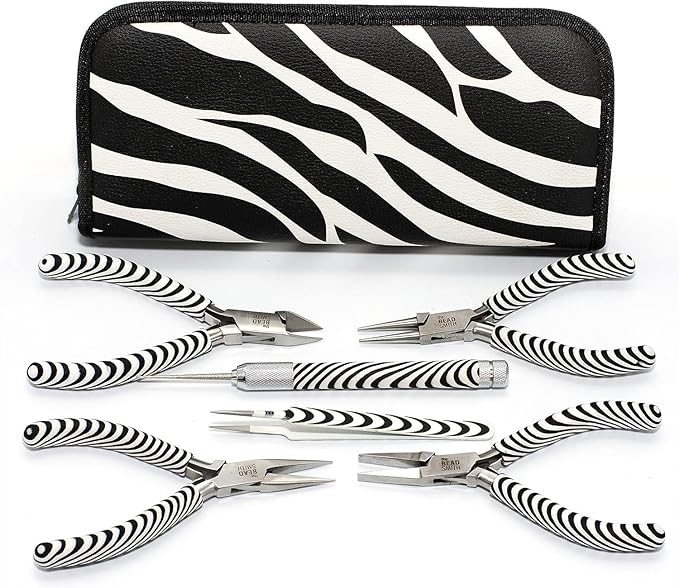 The Beadsmith Zebra Print Tool Kit – 6 Pieces: Chain, Round, and Bent Chain Nose w/Side Cutter, Tweezers, & Reamer with Zippered Pouch, 5-Inch Each