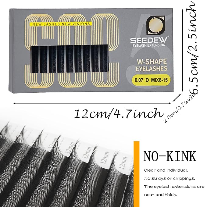 SEEDEW 5D Lash Extensions, 0.07mm C Curl 11mm 12 Rows/Tray, W Shape Flat Stem, Korean PBT Volume False Eyelashes Grafting for Beginner Artist, Lash Tech, Beauty Salon(5D-Matte Black-0.07-C-11mm)