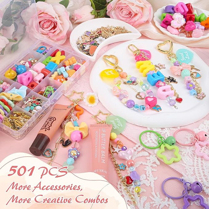 Ecoofor 501 Pcs Keychain Making Kit — Includes 30 Keychain Clips, 40 Extender Chains, 178 Charms, Beading Accessories, Jewelry Pliers — DIY Bag Charms & Jewelry Craft Kit Supplies