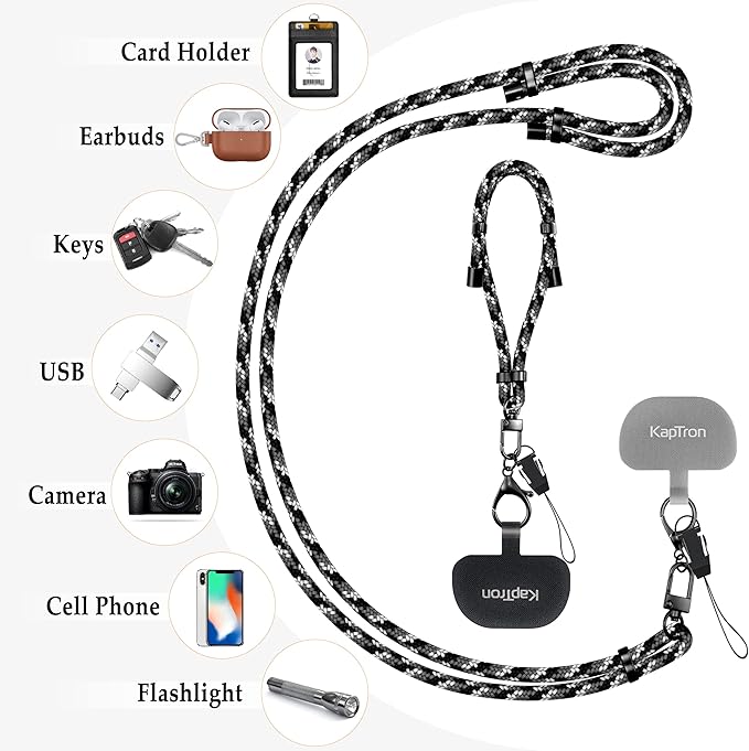 Kaptron 2Pcs Cell Phone Lanyard: Universal Adjustable Crossbody Phone Strap and Wrist Strap, with 2 Lobster Clips and 2 Tether Patches, Compatible with Most iPhone and Android Smartphones