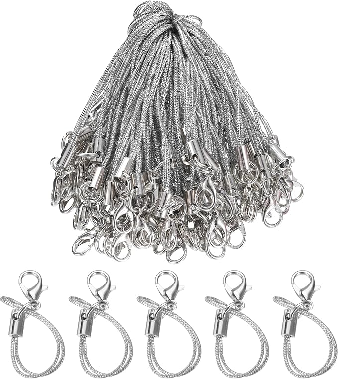 HARFINGTON 100Pcs Clasp Cords Clasp Strap Lanyard Charm Short Finger Rope with Lobster Clasp for Cellphone Cases Keychain DIY Jewelry Making, Silver Tone