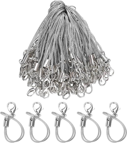 HARFINGTON 100Pcs Clasp Cords Clasp Strap Lanyard Charm Short Finger Rope with Lobster Clasp for Cellphone Cases Keychain DIY Jewelry Making, Silver Tone