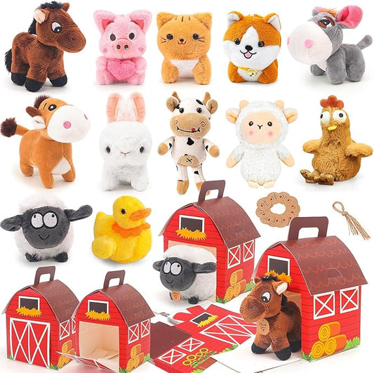 12 Pcs Mini Plush Farm Animals, Adopt A Pet Farm Party Favors Goodie Bags, Animals Bulk Gift Toys with Carton Farm House for Birthday Party Supplies