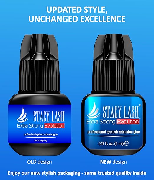 STACY LASH Extra Strong Evolution Eyelash Extension Glue (0.17fl.oz / 5ml) / 0.5-1 Sec Dry/Retention – 8 Weeks/Professional Black Adhesive/Lash Tech Supplies + Glue Ring