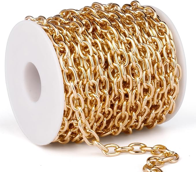33 Feet Gold Rolo Cable Chains Roll, 7.5 MM Gold Plated Aluminium Oval Cable O Links Chain Bulk Spool for Jewelry Making DIY Craft