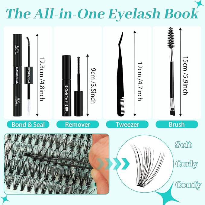 Lash Clusters Kit 640Pcs, 30D+40D Eyelash Extension Kit, Lash Bond and Seal Waterproof, Lash Remover, Lash Applicator Tool and Function Brush for DIY Eyelash Cluster Kit(D-Mix9-16mm Kit)