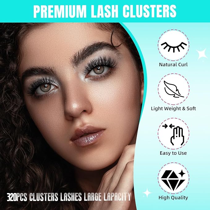 Lash Clusters Wispy 320PCS Eyelash Extension 40D Cluster Lashes Individual Lashes DIY Lash Extension Natural Look Cluster Eyelash Extensions Soft False Eyelashes at Home for Beginners(D-Mix9-16mm)
