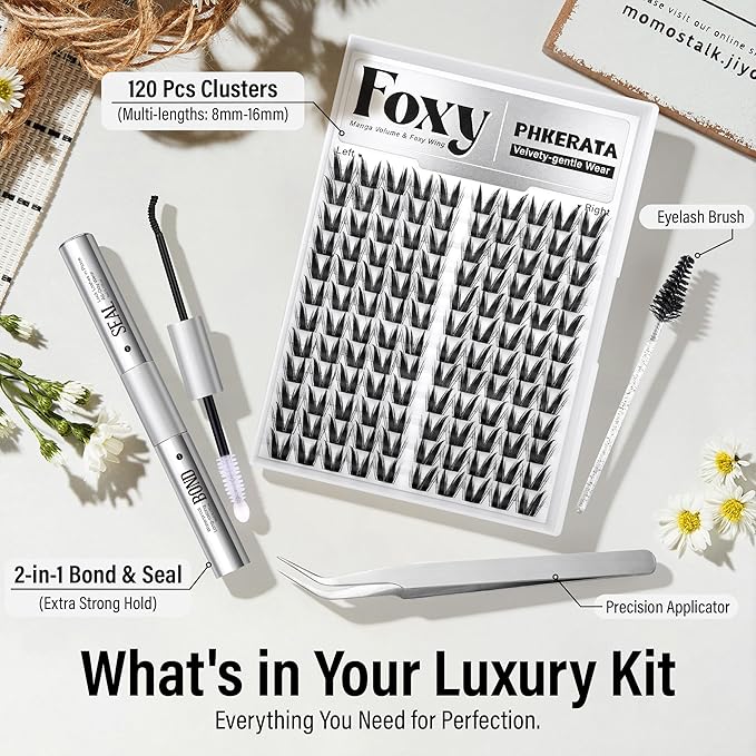 PHKERATA Cat Eye Lash Clusters Kit Fairy Eyelash Clusters Spiky Lash Extension Kit Left & Right Wispy Cluster Eyelash Extensions DIY Fox Eye Individual Lashes with Clear Bond and Seal Tweezers