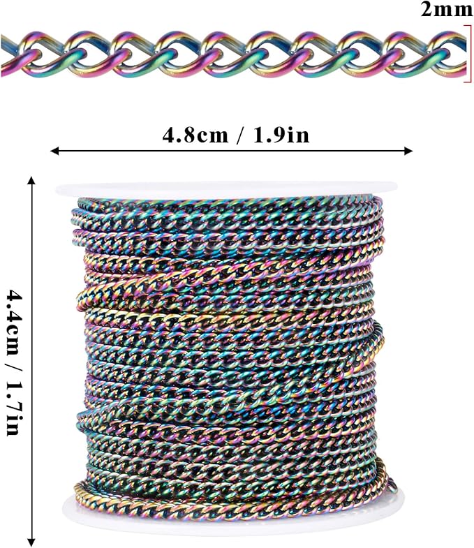 33FT Colorful Stainless Steel Curb Chains Roll, 2mm 304 Stainless Steel Multi Color Flat Twisted Links Curb Chains Bulk Spool for Jewelry Making DIY Craft