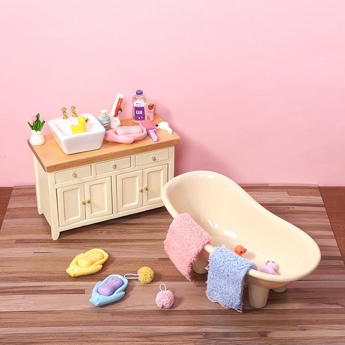 DIYDEC 75Pcs Dollhouse Mini Jewelry Storage Case Miniature Bathroom Accessories Figurines with Makeup Set Towel Cosmetic Toothbrush Shampoo Perfume Hair Dryer Comb Purse Doll Backpack Micro Scene