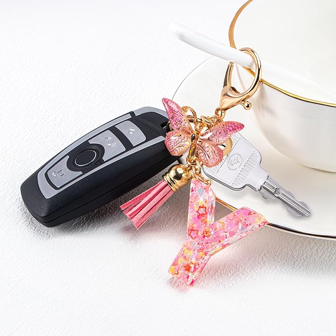 Initial letter Keychains for Women Girls Tassel Butterfly Cute Keychain for Wallet Backpack charm
