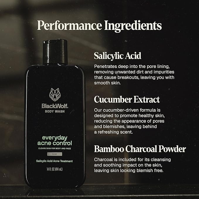 Black Wolf Salicylic Acid Body Wash for Men - 10 Fl Oz, 2-Pack - Men's Acne Body Wash - Charcoal Helps Reduce Acne Breakouts & Cleanse Your Skin - Full Coverage & Deep Clean Treatment - Men's Bodywash