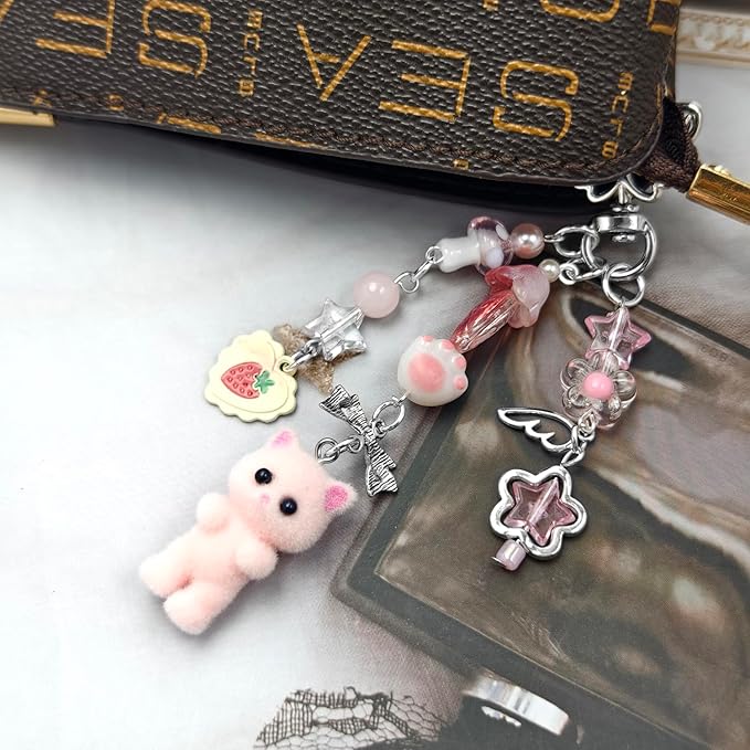 Cute Cat Keychain, Y2K Heart Bow Pendant, Kawaii Cat Bag Charm