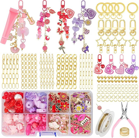 Ecoofor 458 Pcs Keychain Making Kit — Includes 19 Keychain Clips, 25 Extender Chains, 80 Charms, Beading Accessories, Jewelry Pliers — DIY Bag Charms & Jewelry Craft Kit Supplies