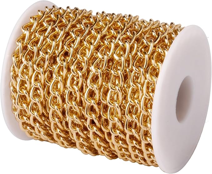 [33ft] Gold Chain for Jewelry Making, 7mm Wide Gold Aluminum Curb Link Chain Roll Bulk for DIY Jewelry Making Craft