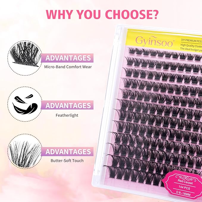 Gyinsoo DIY Lash Extension Kit "Red Carpet" - 144Pcs Medium Volume Cluster Lashes (8-18mm Mix) with Bond and Seal - Dramatic D Curl Individual Lashes for Cosplay, Party & Camera-Ready Glam