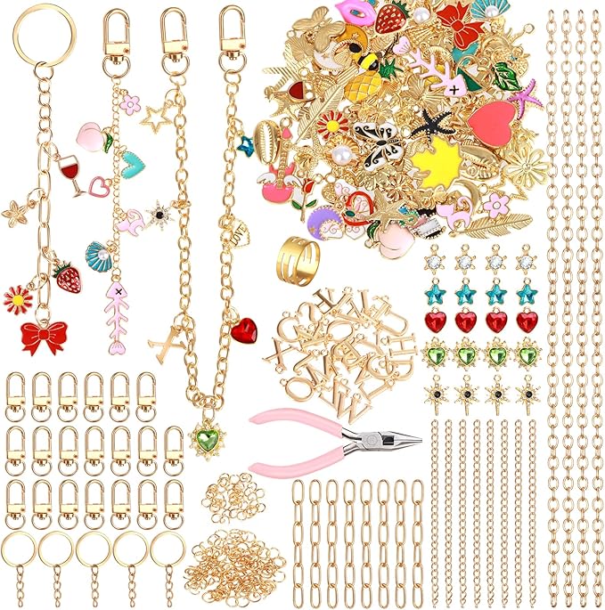 Draupnir 303pcs Keychain Making Kit,Include 137 Bags Charms for Handbags 25 Keychain Charms Clips with Key Ring 20 Extender Bag Chain 120 Jump Ring Jewelry Plier Bag Charm Kit DIY Craft