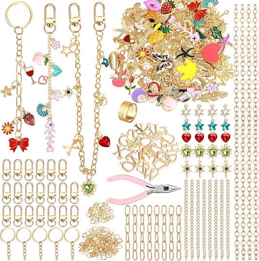 Draupnir 303pcs Keychain Making Kit,Include 137 Bags Charms for Handbags 25 Keychain Charms Clips with Key Ring 20 Extender Bag Chain 120 Jump Ring Jewelry Plier Bag Charm Kit DIY Craft