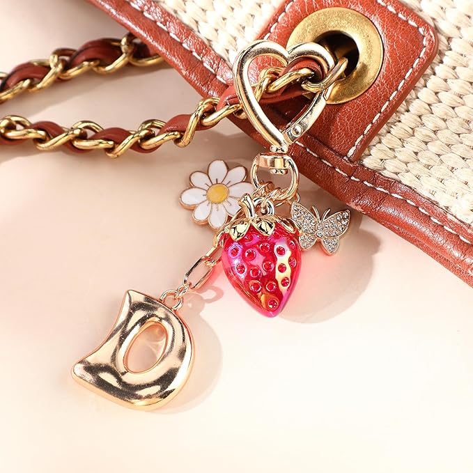 Strawberry Initial Keychain for Women-Cute Kawaii Gold Alphabet Bag Charms, Key chain Gift for Purse Handbag