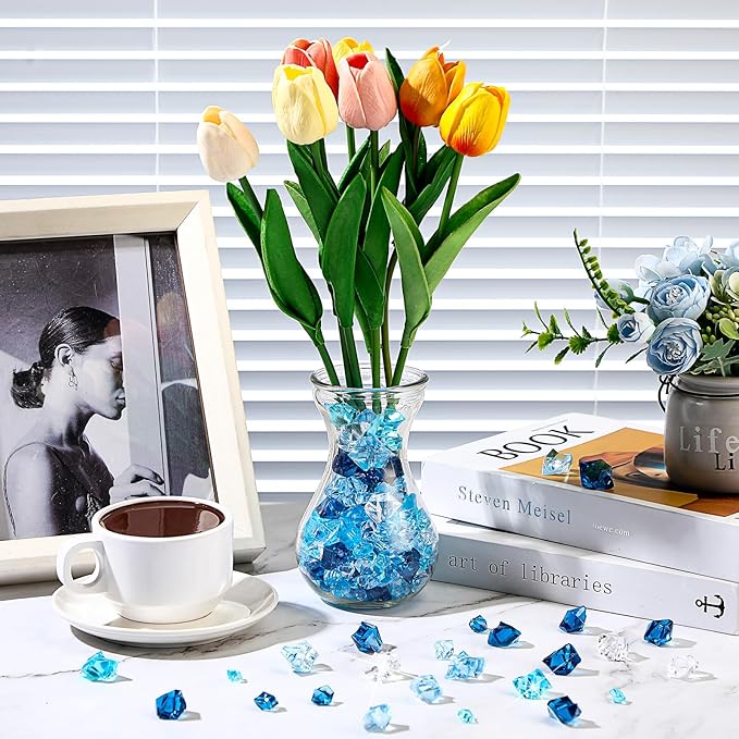 Syhood 570 Pcs 5 Sizes Mixed Blue Fake Crushed Ice Rocks Blue Aquarium Rocks Plastic Gemstone Diamond Acrylic Crystal Gems for DIY Craft Winter Table Scatter Vase Fillers Fish Tank Decor Centerpieces