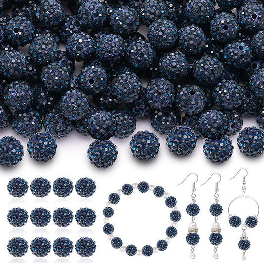 120pcs 10mm Rhinestone Beads for Jewelry Making, Blue Black Shiny Round Shamballa Disco Ball Beads Bulk, Sparkle Crystal Clay Christmas for Bracelet Baseball Necklace Earring Crafting and DIY