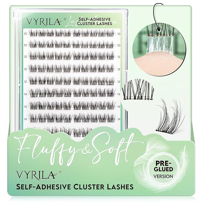 VYRILA Self-Adhesive Lash Cluster, 100pcs Pre-Glued Clusters, Pop-On Faux Eyelashes, 3D Band D Curl Natural Look Lahses, Easy to Apply, Reusable 0.05mm Eyelash Extensions (Green Charm-D-0.05-10-16mix)