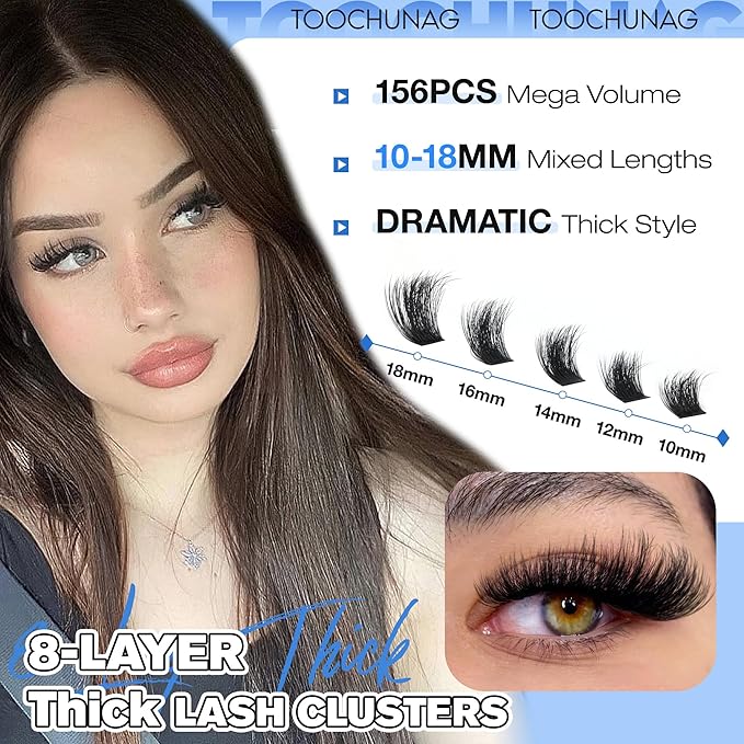 Fluff Lash Clusters 8-Layer Thick Cluster Eyelash Extensions 156pcs Individual Lashes Clusters 10-18mm False Eyelashes Clusters D Curly DIY Mink Lash Extension by TOOCHUNAG