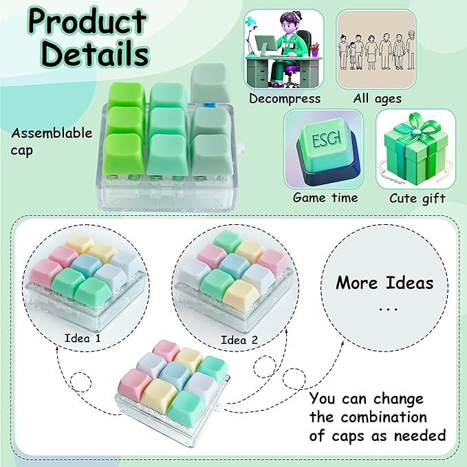 2 Pack 9 in 1 Keyboard Fidget Toy, Keyboard Fidget Keychain Anti-Stress Keyboard Decompression Button Finger Clicker Toys Stress Relief Fidget Gifts (Mix Green)
