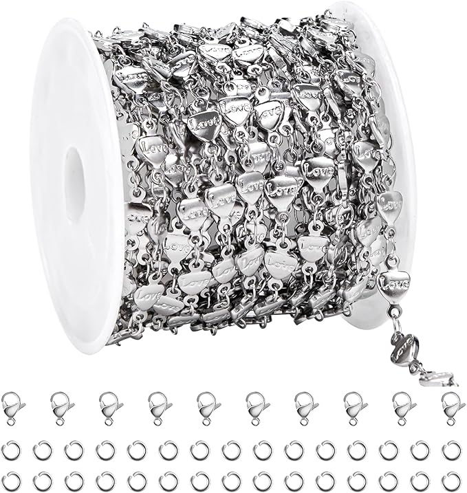 UMAOKANG 13 Feet Heart Chains Bulk on Spool Stainless Steel Chain for Jewelry Making with Jump Rings and Lobster Clasps