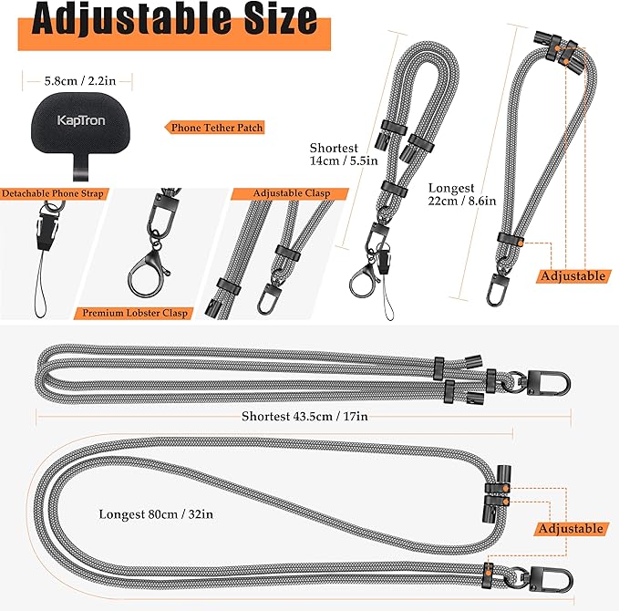 Kaptron 2Pcs Cell Phone Lanyard: Universal Adjustable Crossbody Phone Strap and Wrist Strap, with 2 Lobster Clips and 2 Tether Patches, Compatible with Most iPhone and Android Smartphones (Gray)