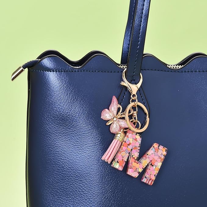 Fashion Alphabet Initial Letter Keychain Tassel Butterfly Pendant Key Ring for Purse Handbags Women Girl