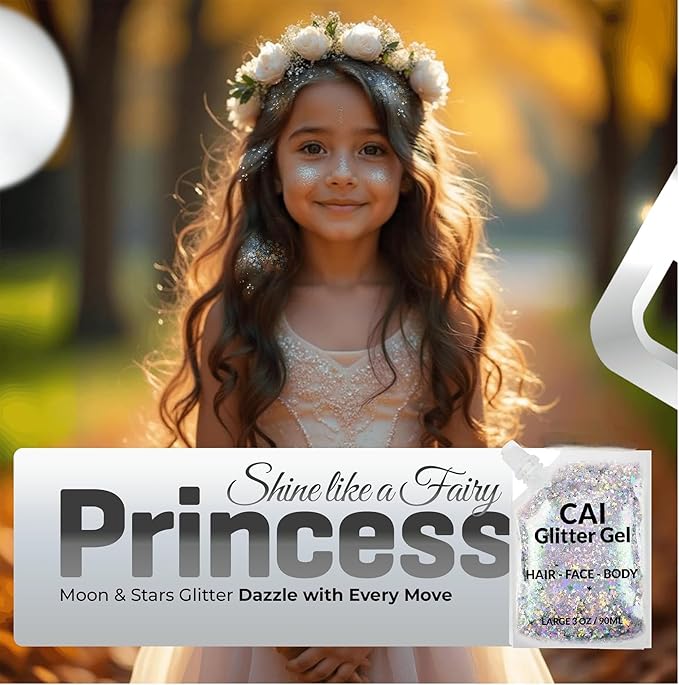 Face, Body & Hair Glitter Gel – Halloween Glitter for Kids and Women – 3 Oz Cosmetic-Grade Gel w/Moon & Stars for Festivals & Halloween Party, Easy Apply & Wash Off - Silver 1Pack