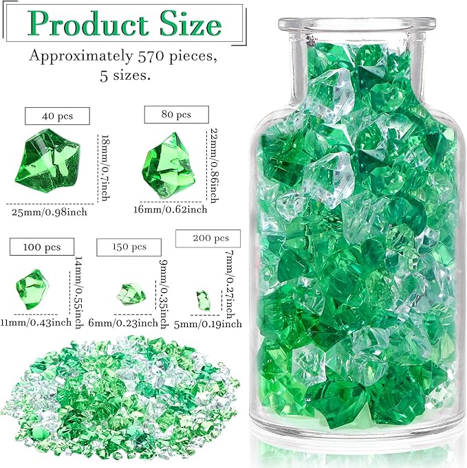 Syhood 570 Pcs 5 Sizes St Patricks Day Green and Clear Fake Crushed Ice Rocks Irish Acrylic Diamonds Plastic Gemstones Treasure Crystal Gems for Vase Fillers Table Scatter Centerpieces Decoration