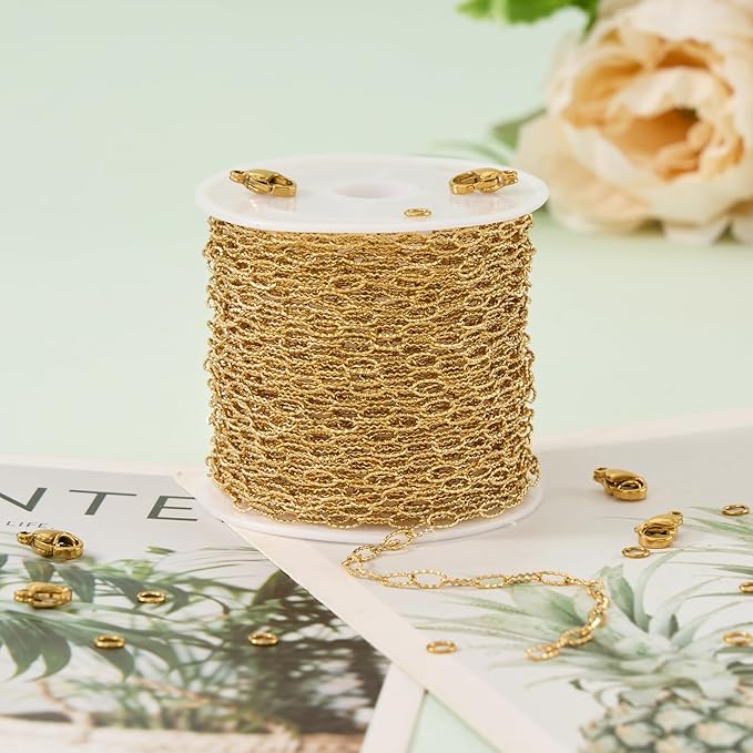 UMAOKANG 32.8 Feet Embossed Paperclip Jewelry Chain Roll Dainty Gold Plated Stainless Steel Chains for Jewelry Making