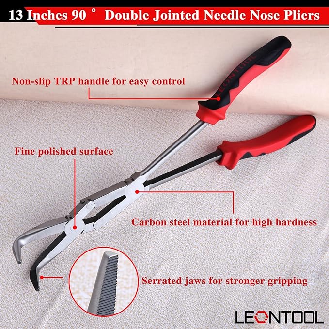 Long Reach 90 Degree Bent Nose Pliers 13-Inch Dual Pivot Double Joint Serrated Jaw Angled Needle Nose Extra Extended for Narrow Spaces and Limited Areas