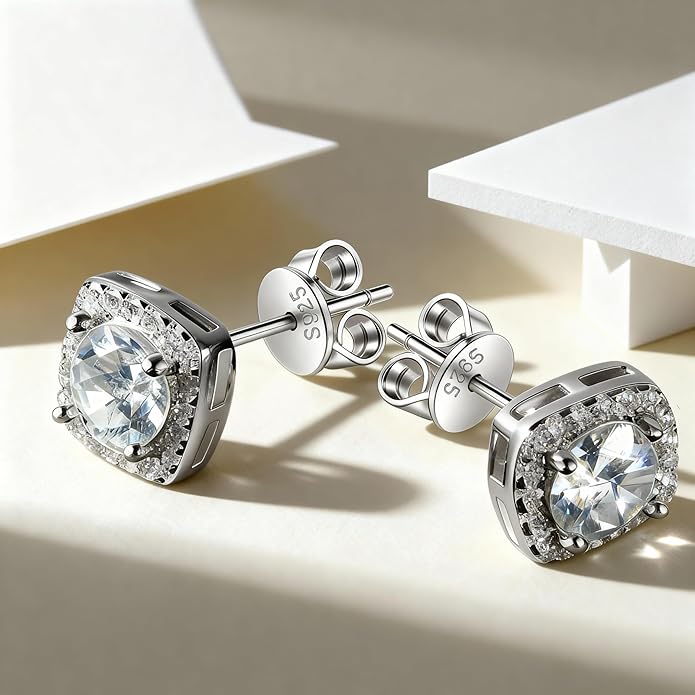 Tunzug Moissanite Halo Square Earrings Flat back 0.5-3 Carat D Color VVS1 Grade Lab Grown Diamonds 925 Sterling Silver Plated 18K White Gold Flat Back Hypoallergenic Earrings for Women Men