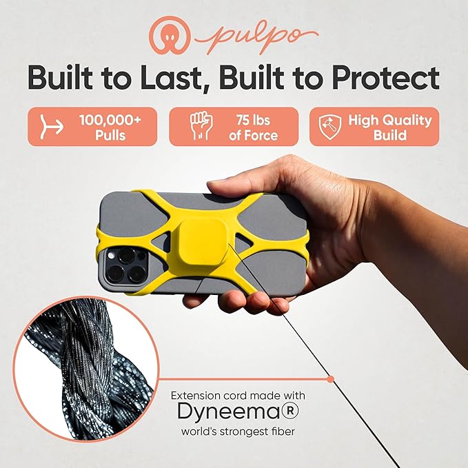 Pulpo Anti Theft Phone Leash with Retractable Dyneema Tether, Secure Phone Leash and Strap for Skiing, Kayak, Travel and Festivals, Fits Smartphones up to 6.8 Inches, Lightning Yellow